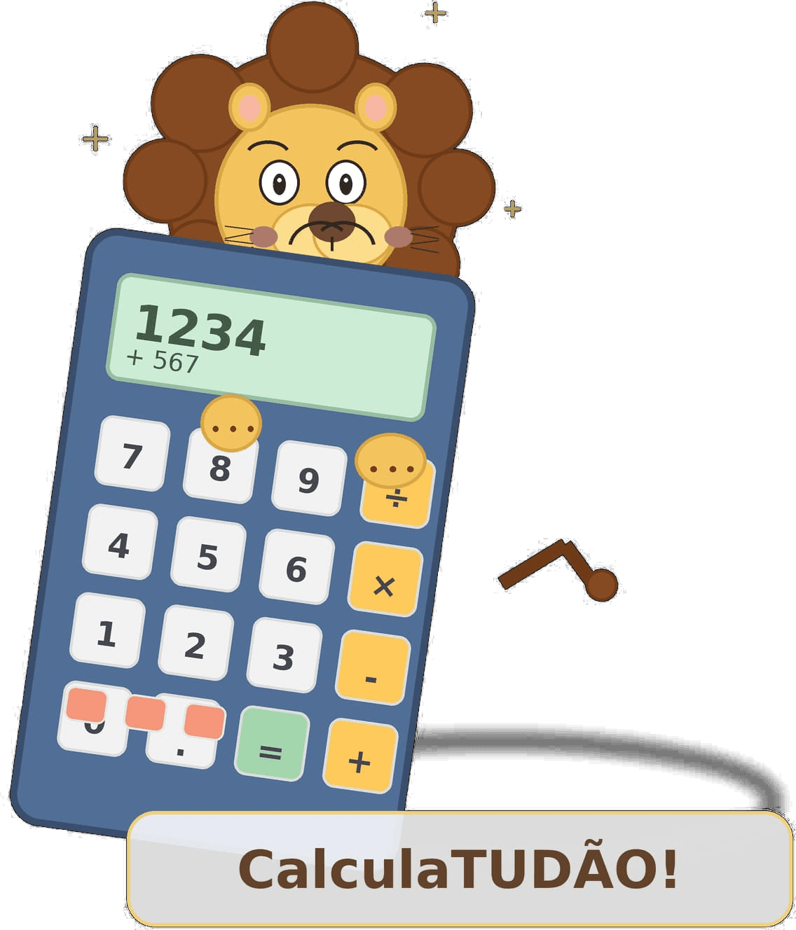 CalculaTUDÃO! — mascote leão espiando por trás de uma calculadora